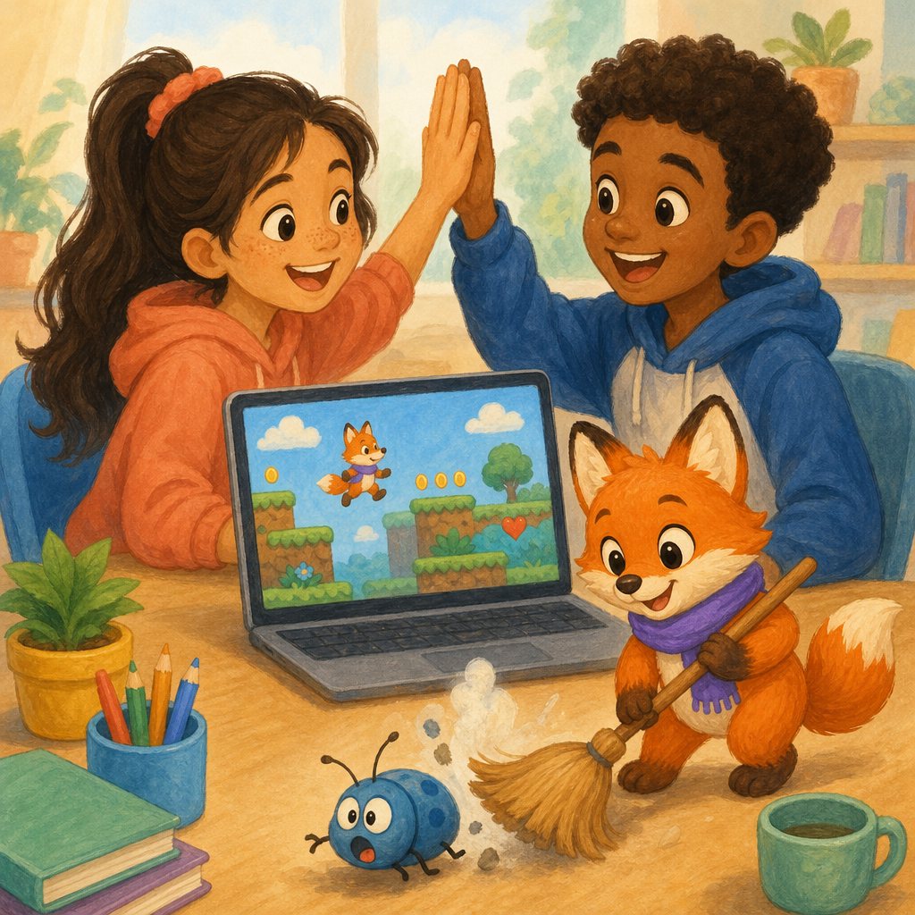 Two kids high-fiving after fixing a bug
