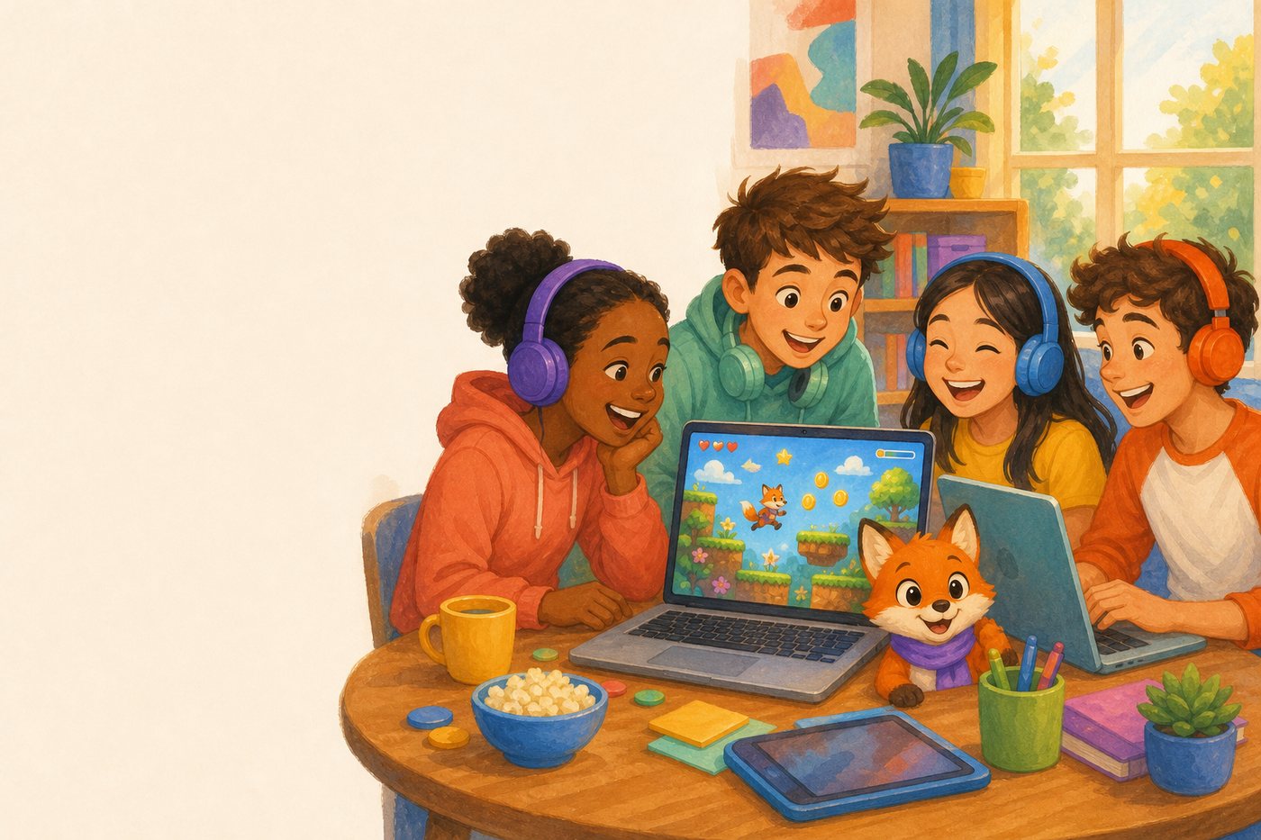 Kids laughing at a game they built, with Pip the fox